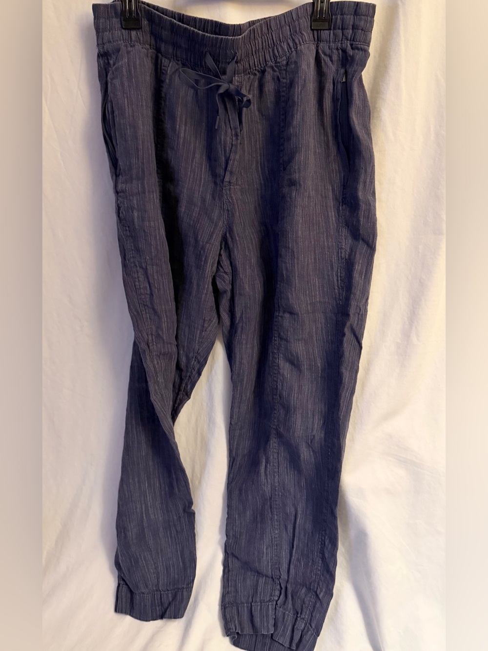 Athleta 100% Linen charcoal blue lightweight jogger pants with zip pockets sz L
